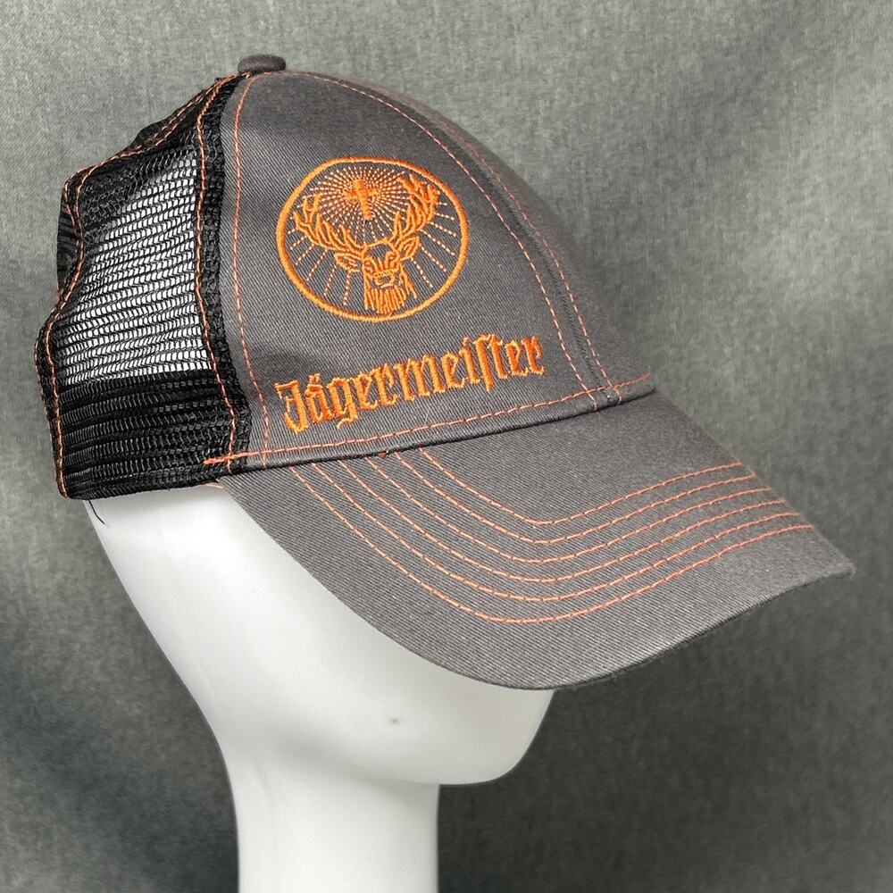 Jagermeister Trucker Hat Gray Black Mesh Snapback Orange Embroidered Stag Cap
